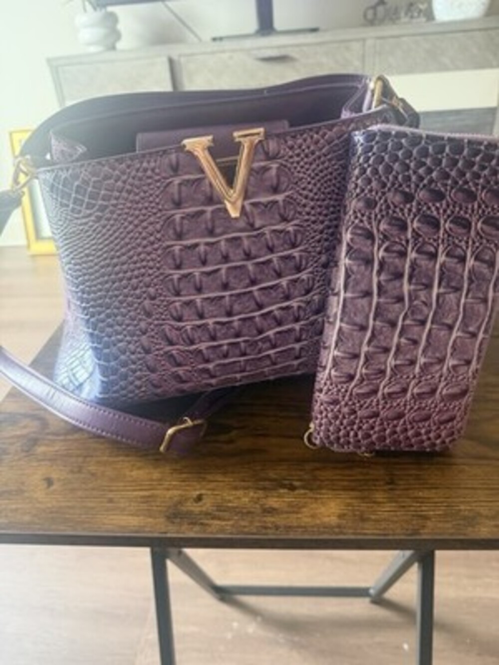 Purple Croc Embossed Shoulder Bag Gold Hardware Logo w/ Detachable Strap Pouch